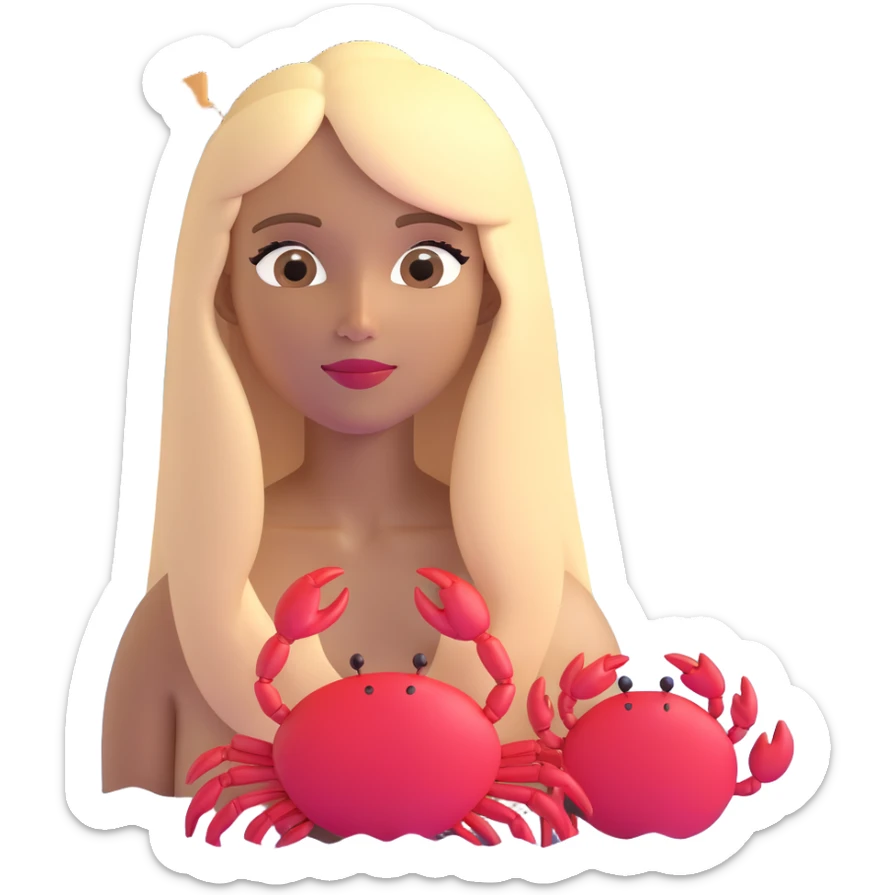 woman with long straight darker blonde hair, light brown skin, with the three iconic arches of Atalaia Beach (Aracaju-SE) in the background, and a small crab as a detail near her sticker