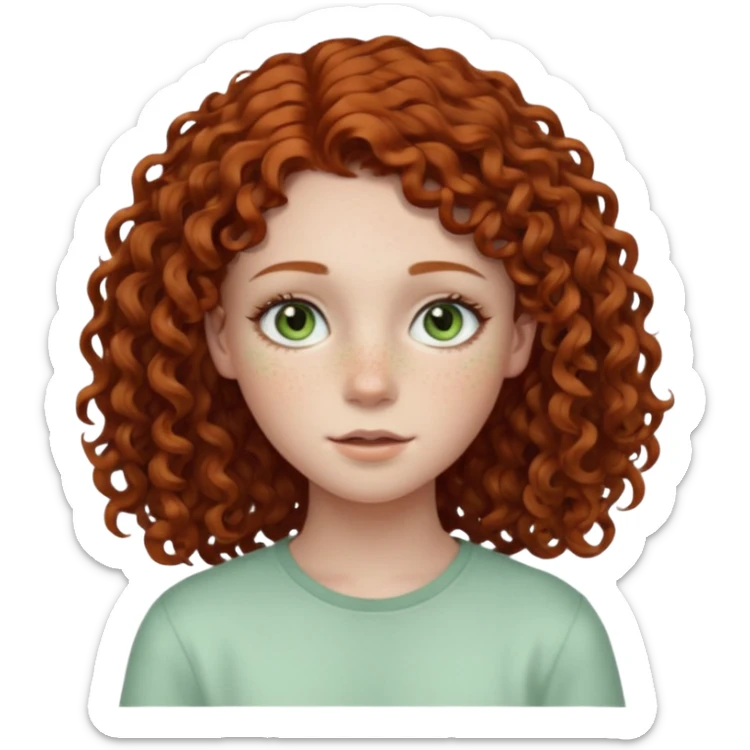 pale teen girl with light green eyes and freckles that has curly auburn hair in a middle part sticker