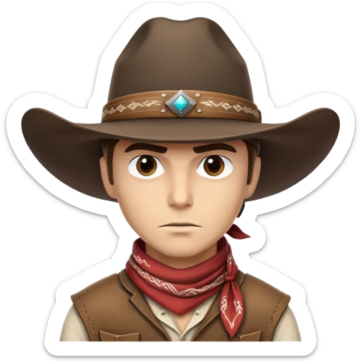 Clash of Clans aesthetic friendly Cowboy Portrait Emoji, With a rugged yet stylized build wearing a classic wide-brimmed hat and bandana, his face rendered in a natural skin tone (not yellow), determined eyes and a steely gaze, Simplified yet dynamic features, highly detailed, glowing with a warm, sunlit frontier radiance, high shine, brave and spirited, stylized with an air of Wild West heroism, focused and ready, soft glowing outline, capturing the essence of a fearless cowboy adventurer ready to ride into epic quests! sticker