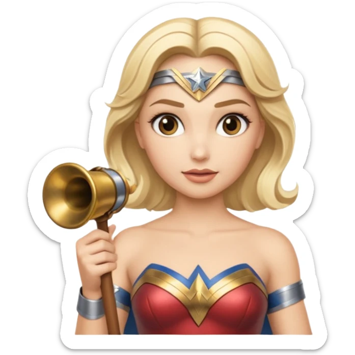 Blonde Wonder Woman holding bell and short white orchestra conductor’s baton  sticker