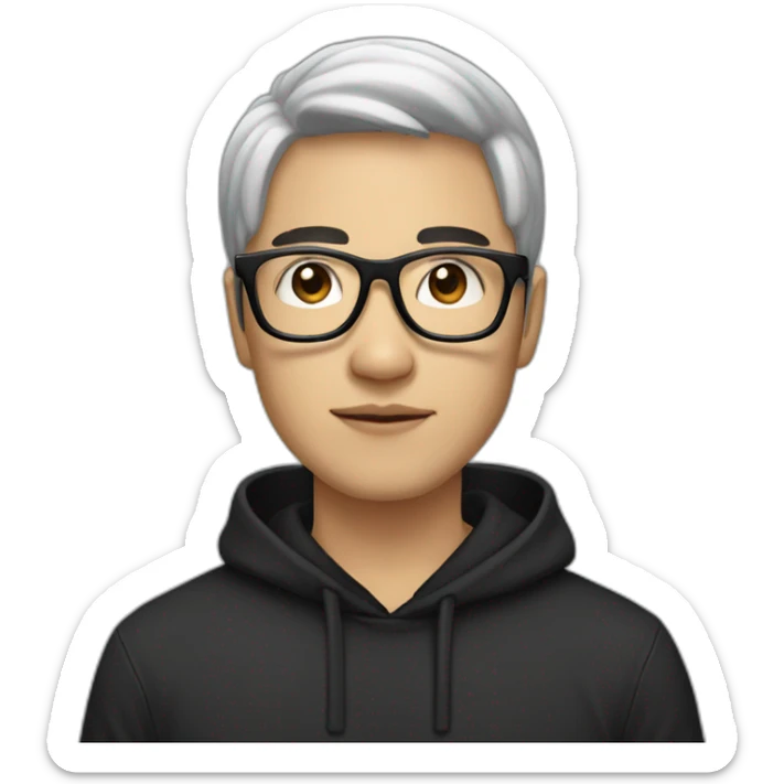 White skin Asian Guy with long black hair and square glasses and black hoodie sticker