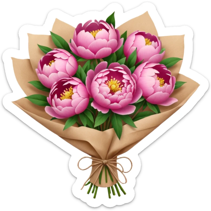 Bouquet of pink flower peony wrapped in kraft paper sticker