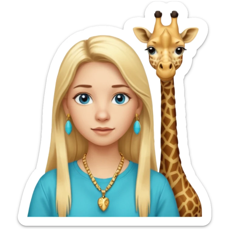 Swedish girl blonde long straigt hair blue eyes turqoise shirt gold earings girrafe necklace gold small sticker