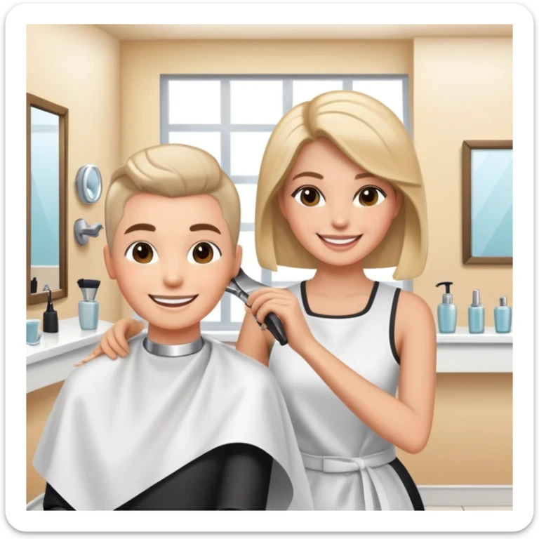 happy woman getting a haircut in a welcoming salon, both client and hairstylist smiling, no threatening elements sticker