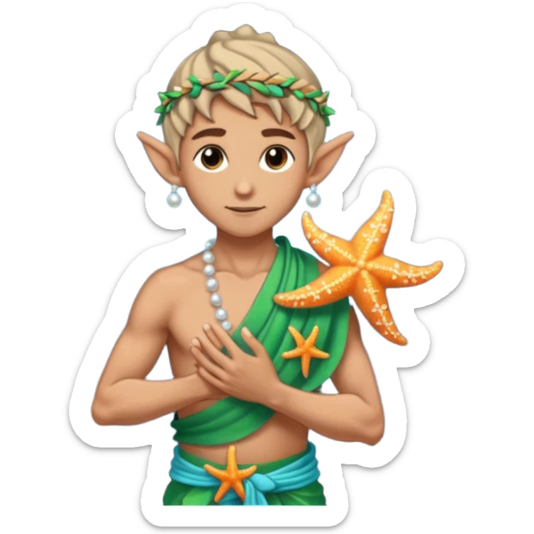 elf male Sarong with bioluminescent embroidery, armful of starfish, hair in a braid with pearl pins, pixel art style sticker