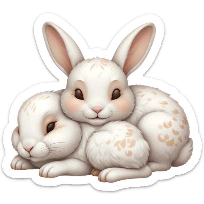 Meme-Worthy Cute Sleeping White and Brown Rabbit Portrait Emoji, Head resting peacefully with a contented smile, showcasing a delightfully balanced build and a luxuriously soft patterned fur of white and brown, eyes shut in a serene nap, Simplified yet hilariously adorable features, highly detailed, glowing with a soft, drowsy light, high shine, relaxed and utterly lovable, stylized with an air of playful laziness, bright and heartwarming, soft glowing outline, capturing the essence of a comically sleepy bunny, so meme-worthy it feels like it could instantly become the next viral sensation of adorable slumber! sticker
