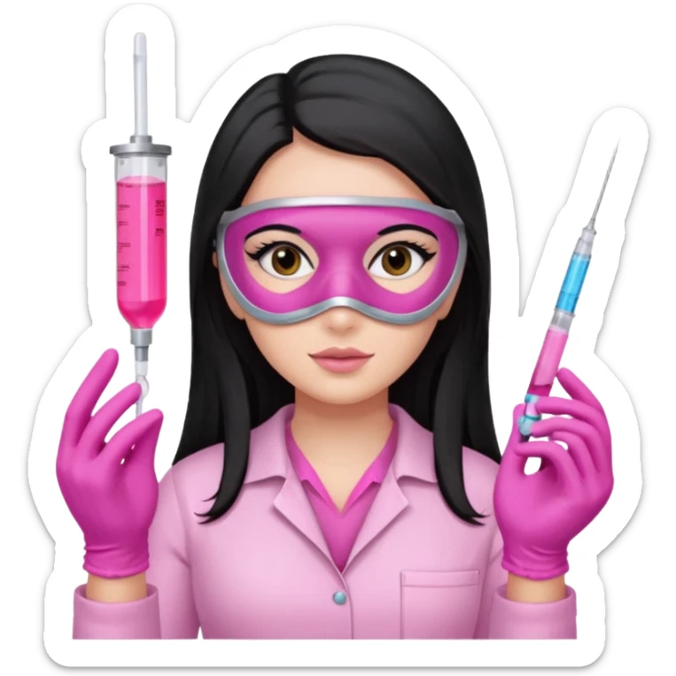 laboratorista con guantes rosa y mascarilla rosa jeringa tubo laboratorio sin lentes y ojos negros cabello largo negro color ojos oscuro color y cabello largo lacio guantes camisa y maascarilla mismo color sticker