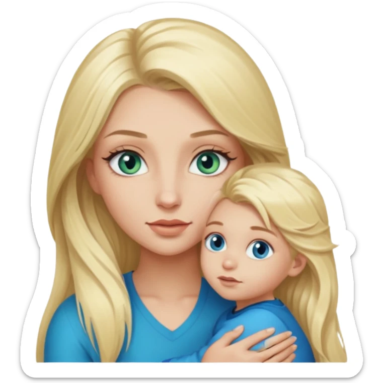 blonde baddie girl  with blue-green eyes, Long lashes, long hair, Holding her little Boy   ,with blue eyes sticker