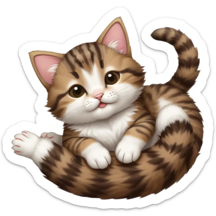 dark brown tabby and white kitten with his eyes closed whilst in funny positions stretched out and  upside down sticker