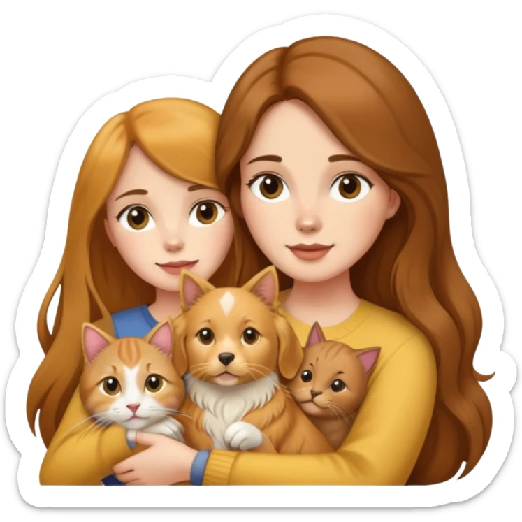 Woman with long brown hair holding a golden retriever dog and three cats sticker