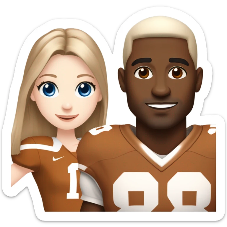 Beautiful girl, pale skin, blue eyes, long straight beautiful light brown hair, wearing Texas Longhorn football cheerleading uniform, standing next to handsome black man wearing Texas longhorn football jersey sticker