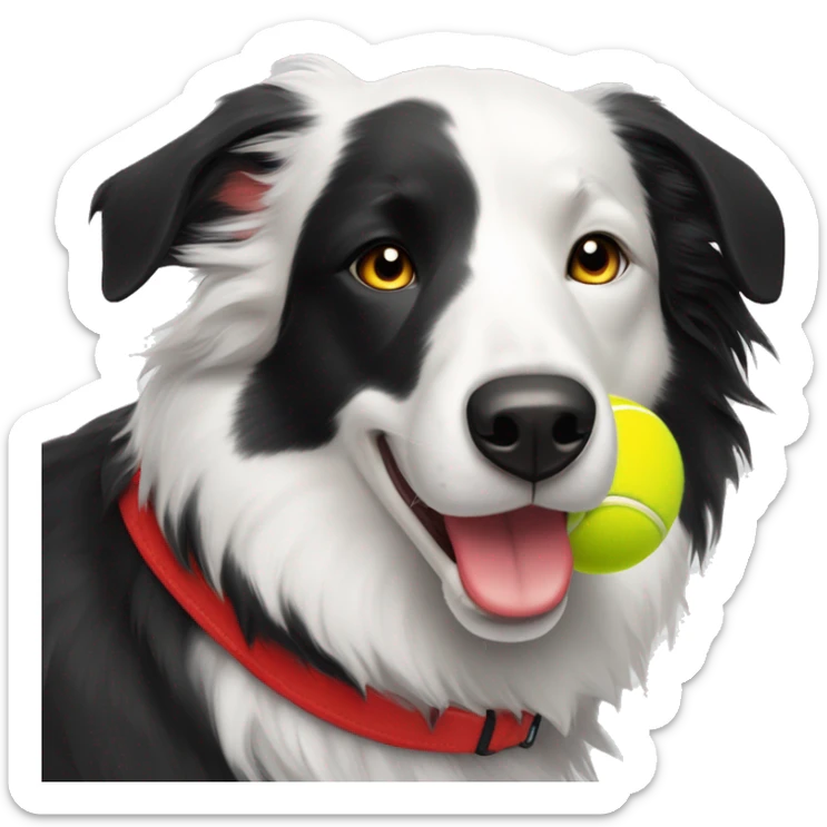 Black and white border collie dog with red collar and yellow tennis ball in her mouth sticker
