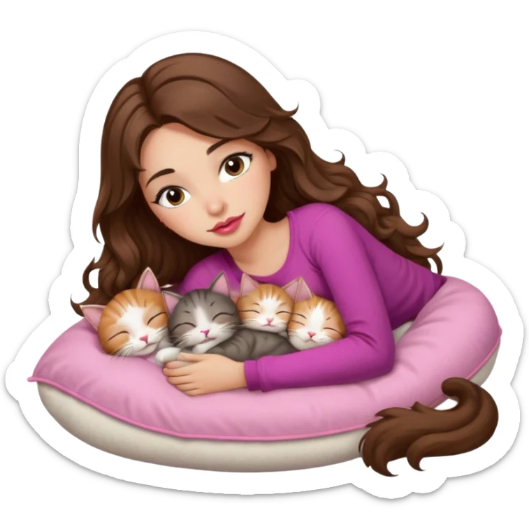 girl with long wavy brown hair, brown eyes, long lashes makeup, sexy pink lips, light to medium complexion, sleeping on a cozy pillow, with 6 cute cats, sleeping sticker