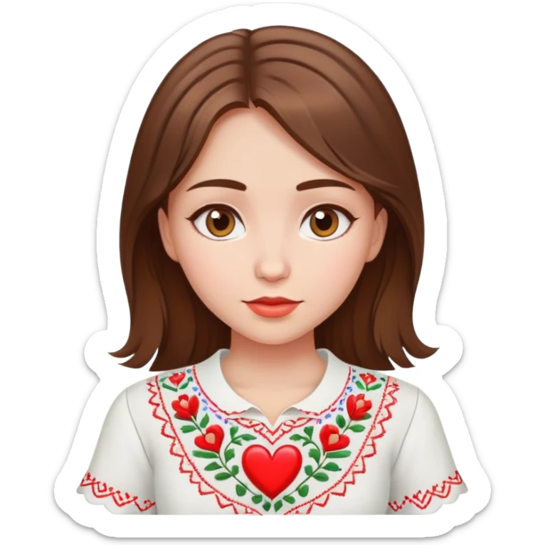 beautiful young girl with brown hair wearing a white Ukrainian embroidered shirt with a big heart design sticker