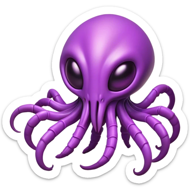 Clash of Clans aesthetic: Cinematic Playful Zerg Alien Emoji, rendered in a 3D vector-style similar to standard emojis with minimal shading and bold, simplified shapes. A compact, isometric, otherworldly creature with insectoid, organic details and subtle, eerie tentacles, softly glowing with a sinister alien charm. Simplified yet unmistakably iconic, highly detailed and consistent, glowing with a soft, spectral radiance and high shine. Stylized with a touch of bio-engineered mischief and a soft glowing outline, capturing the essence of a fearsome extraterrestrial menace with a playful twist! sticker