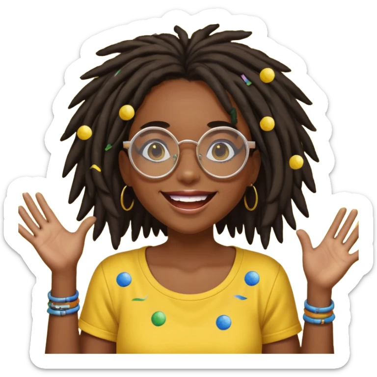 darker skin female with dark dreadlock hair wearing large round glasses and a yellow top celebrating with confetti sticker