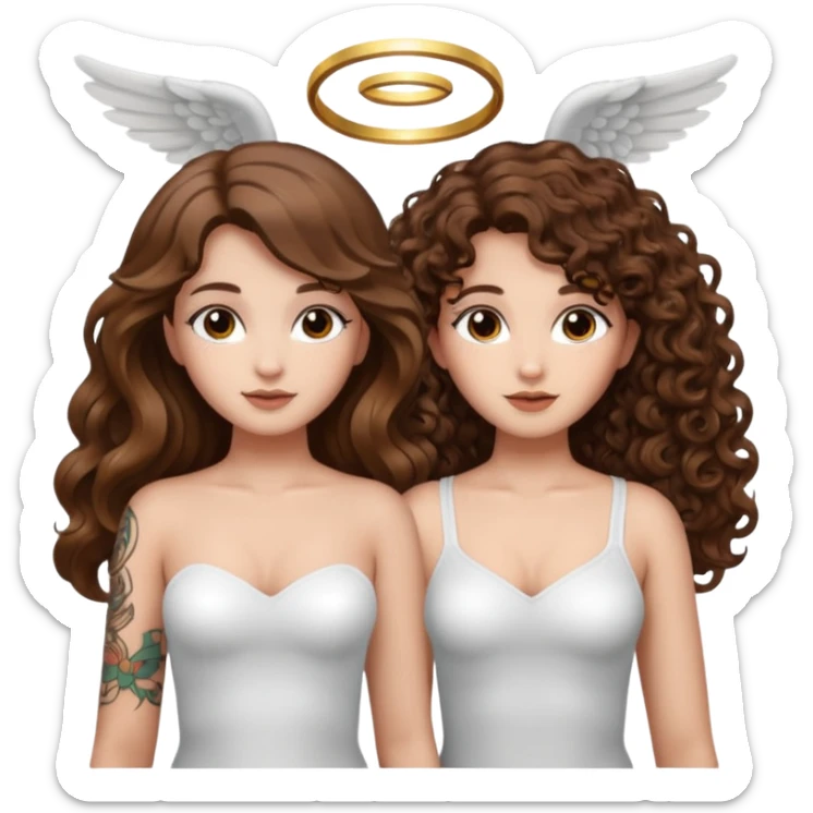 fake angel pose — long wavy brown hair tattooed woman and short tight curly brown hair woman — halo sparkle sticker