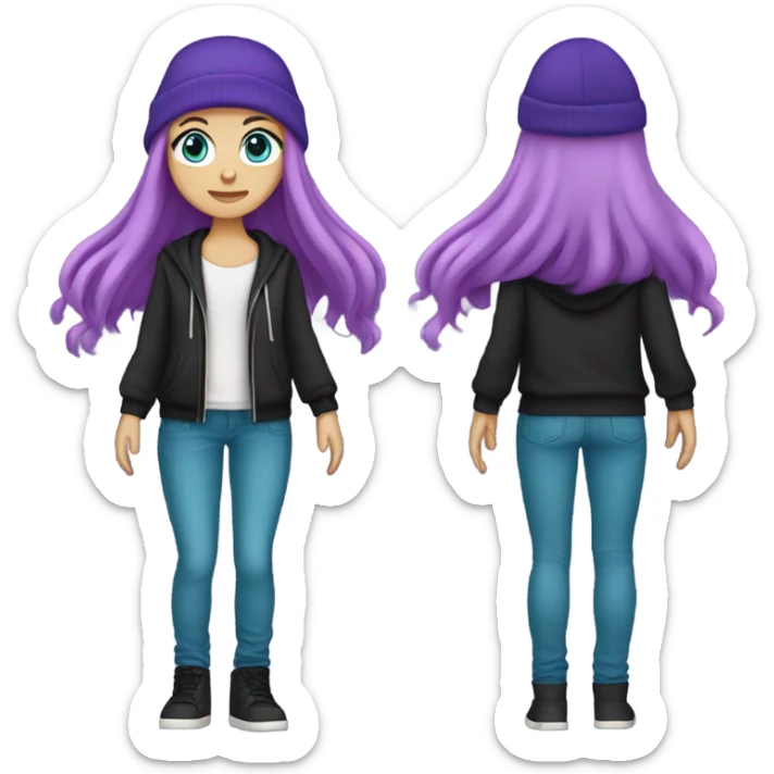 White girl, blue eyes, long teal hair, purple beanie hat, black hoodie, blue jeans, black shoes sticker