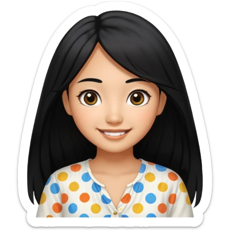 20 yr old asian woman hair white blouse with black dots center part big eyes big smile tanned skin straight black hair hippie part hair  sticker
