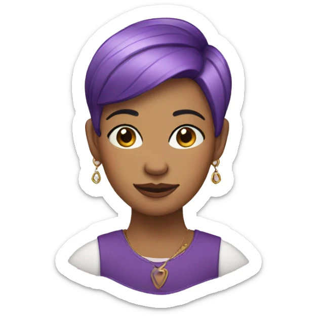A woman with short purple hair. With an earring in the center of the nose and ear sticker