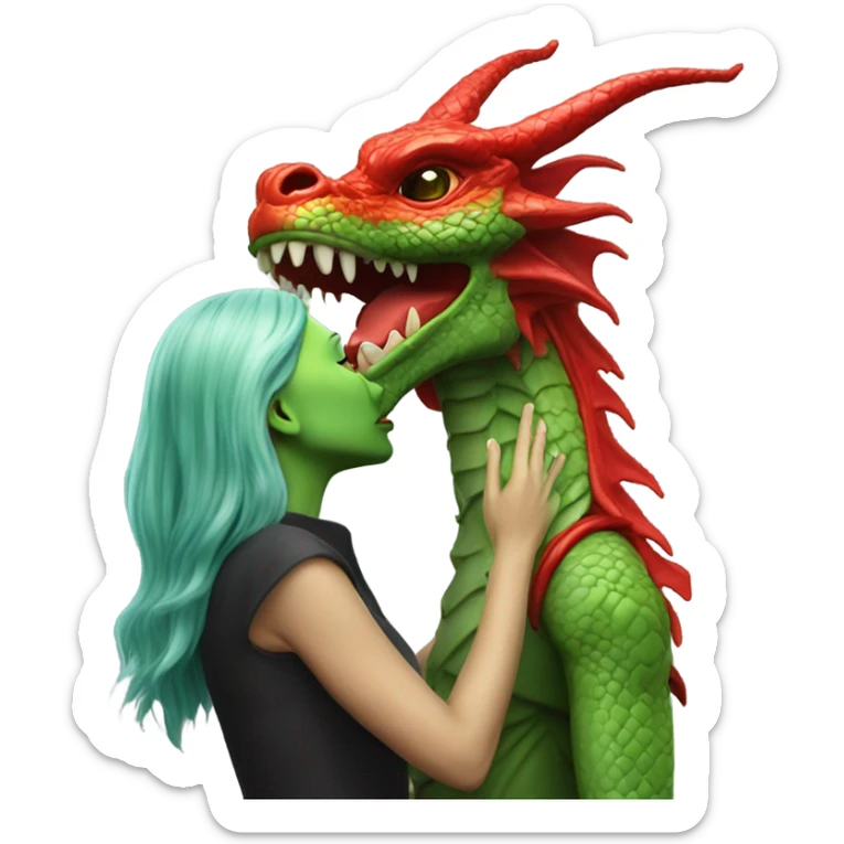 Photo realistic, alien female green, kissing on red china dragon sticker