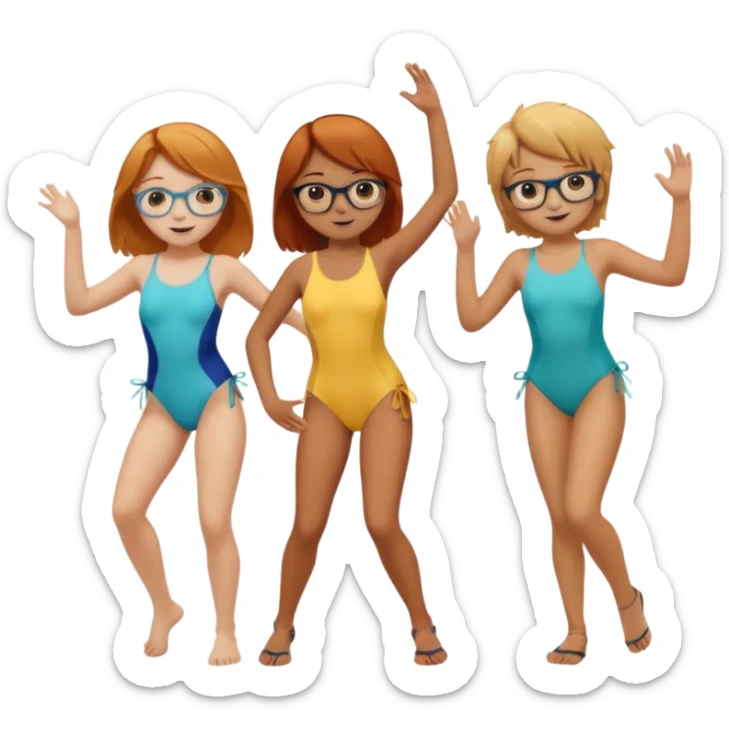 3 girls ( one ginger , one blond and one dark blond)  and 1 boy ( brown hair with fond glasses ) dancing at the beach  sticker