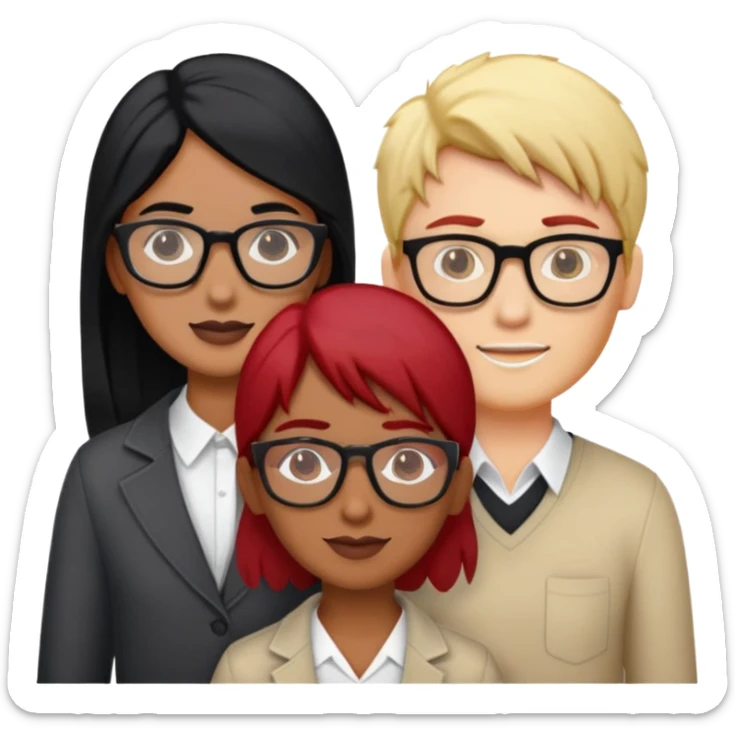 Three people one Indian male with black hair, one red haired female with glasses, one blonde haired, female with glasses ￼ sticker