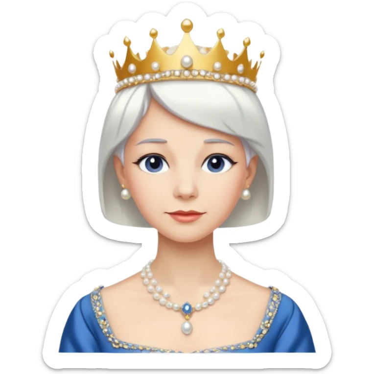 Queen with white short hair – gold tiara, pearl necklace, elegant gown, blue dress sticker