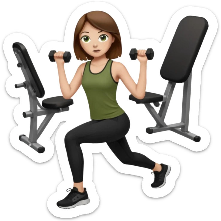 Girl with green eyes, brown hair, light skin, and freckles wearing an olive green top with black leggings working out sticker