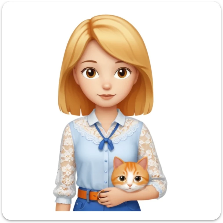 A very beautiful girl with honey-blond hair and kind eyes. She has medium-length hair, is wearing a white lace blouse, blue pants, and a brown belt, and is holding an orange cat.
 sticker
