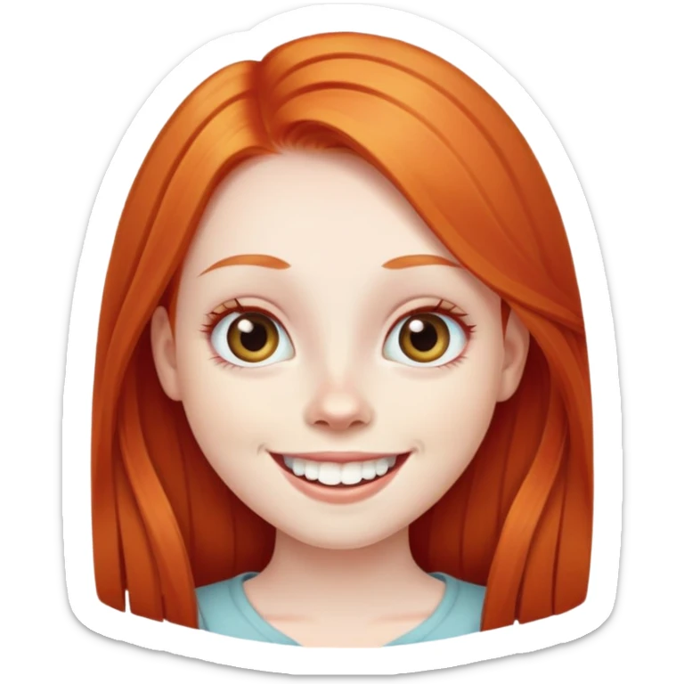 traditional simple emoji of young girl with very pale skin, long straight bright ginger red hair, big eyes, big smile with teeth showing, classic round face sticker