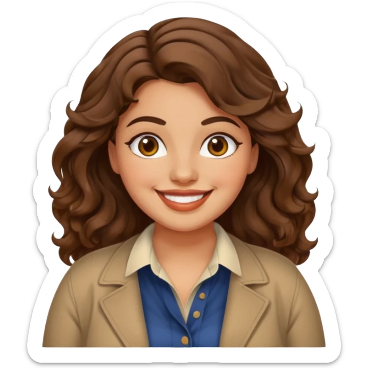 30 yr old italian woman, chubby, brown wavy hair, big brown eyes, huge smile, trendy clothes sticker