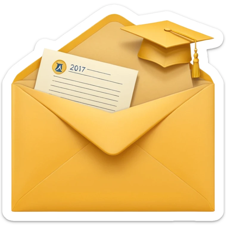 A simple emoji-style icon of a yellow manila envelope, flat and minimal, with clean edges, subtle paper texture, and a small graduation 2017 logo on the front, conveying academic completion and archived records. sticker