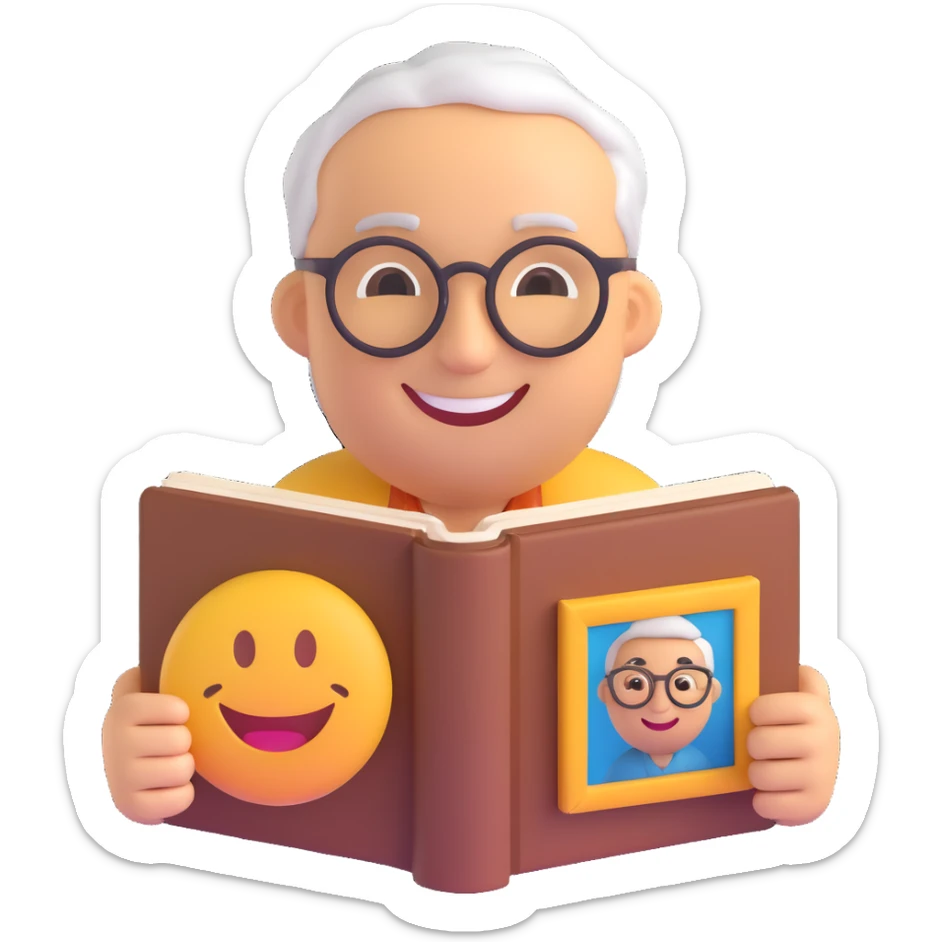 3D smiley emoji, round shape, grandfather with a photo album, brown color, smiling face sticker