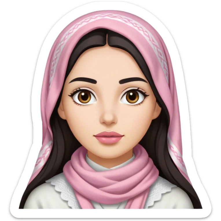 A woman with long, dark hair wears a traditional white keffiyeh, her makeup is well done, with defined eyebrows and soft pink lips  sticker