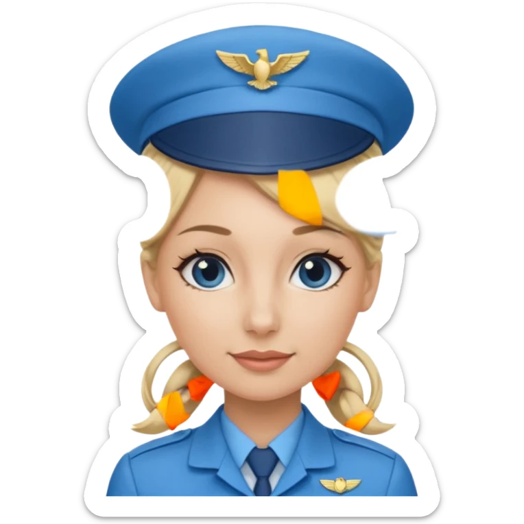 Create an emoji of a female flight attendant with blonde hair tied up, wearing alight blue flight attendant hat and a blue flight attendant uniform. sticker