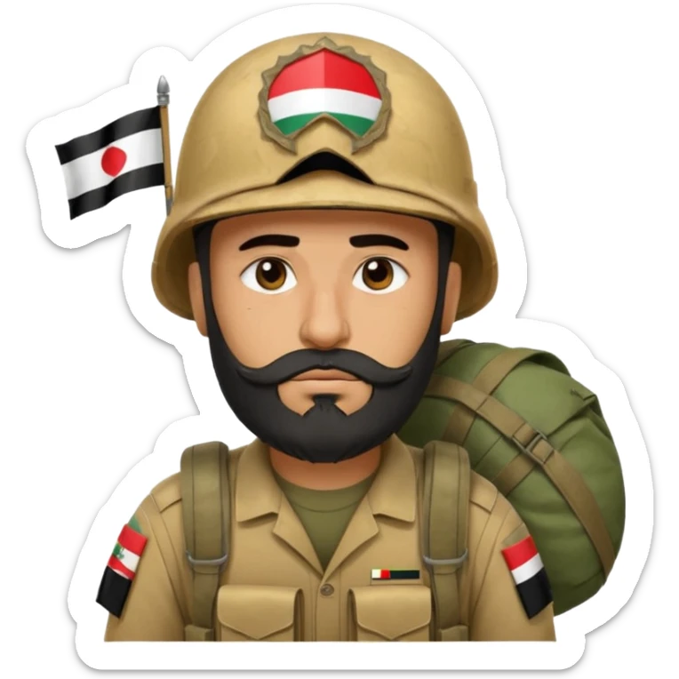 A tired, swarthy Iraqi soldier with a beard, an Iraqi flag on his helmet, a sad expression and bags under his eyes sticker