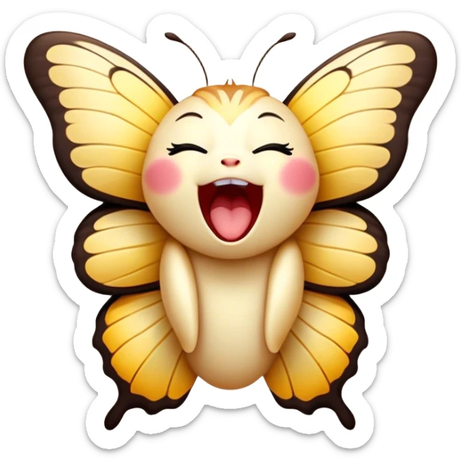 Cinematic Adorable Yawning Butterfly Portrait Emoji, Head tilted slightly with a dramatic, wide-open yawn, showcasing a delicate, softly fluttering body with gently drooping wings and sleepy, half-closed eyes, Simplified yet irresistibly cute features, highly detailed, glowing with a soft, cozy luminescence, high shine, relaxed yet expressive, stylized with a dash of whimsical floral charm, soft glowing outline, capturing the essence of a drowsy butterfly that appears ready to rest its wings for a nap! sticker