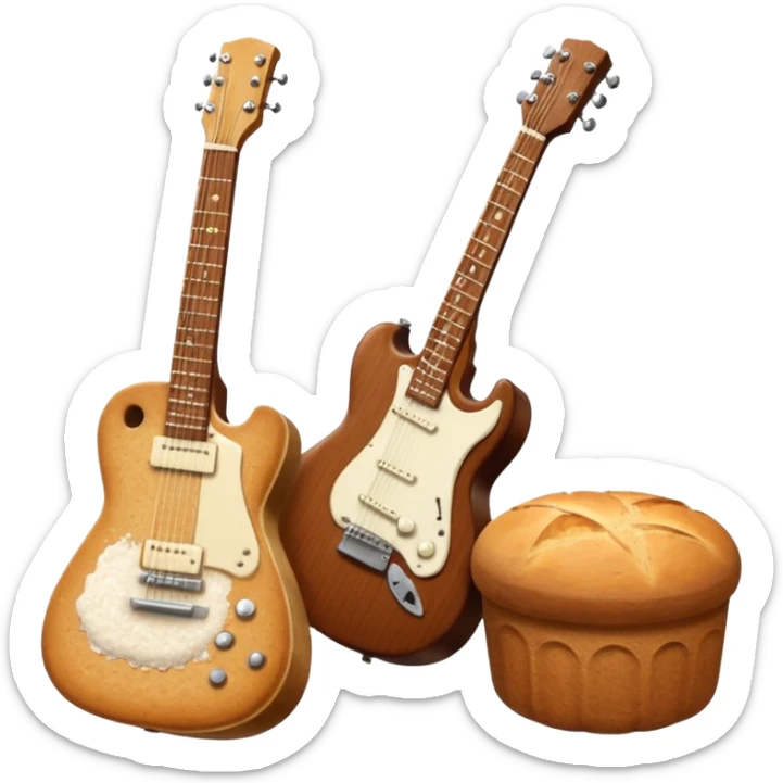 a bottle of salt (salt shaker) and a loaf of peasant bread with a small SG Gibson electric guitar sticker