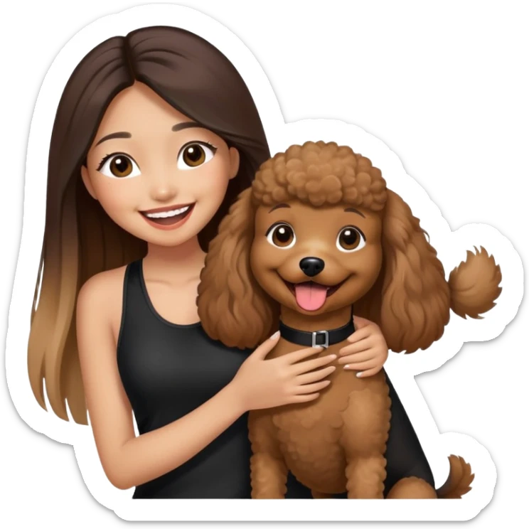 a asian girl with long straight balayage hair, long lashes, laughing, wearing black halterneck top, and holding a brown poodle sticker