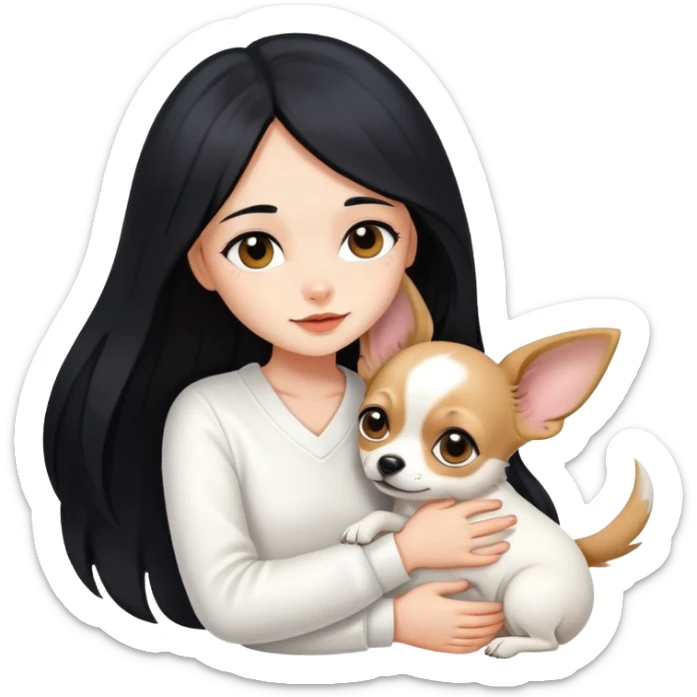 Fair skin girl - long black hair - white clothes - hugging a chihuahua sticker