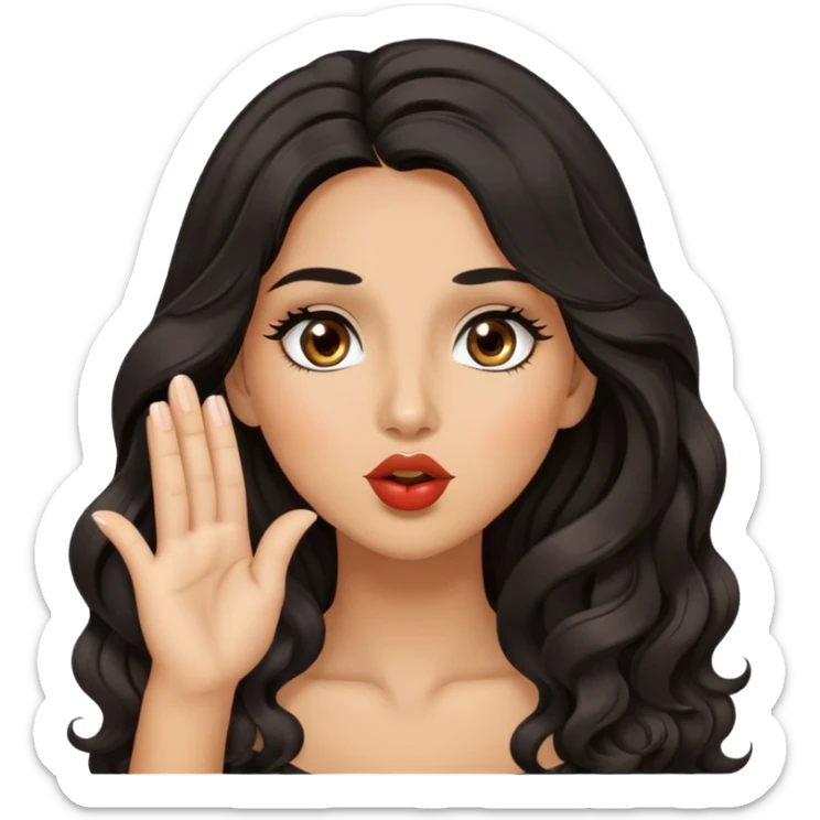 woman with olive skin, brown eyes and long lashes, and long black wavy hair blowing kiss sticker