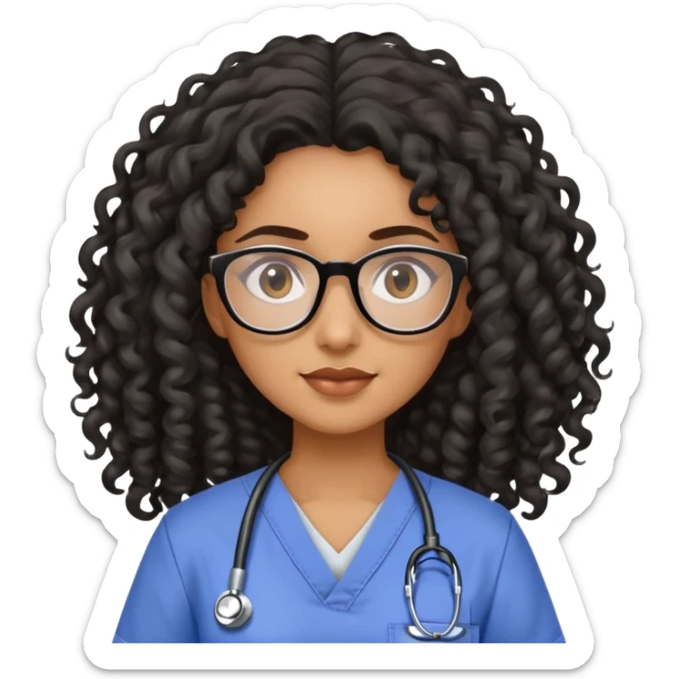 A light brown skin woman with long black curly hair, glasses, in scrubs sticker