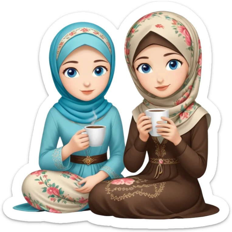 Turkish beautiful finish Konya girls blue eyes with floral Beauty hijab long tail dress and the two friends sits on the chair on the ground and holds cup coffe with her hand  sticker
