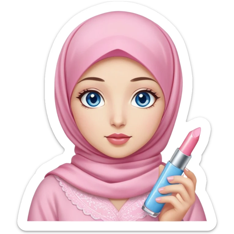 Turkish beautiful finish Konya girl blue eyes with light sakura and pink hijab islamic dress and had on her hand kiko lipgloss and she wearing the lipgloss sticker