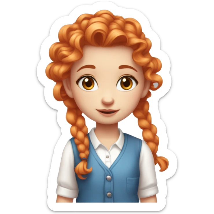 a Small girl with saturated orange hair that is curly and long but with a smaller pony tail on the said with a pink heart hair clip. blue eyes. A white button down shirt and pink cardigan over the top sticker