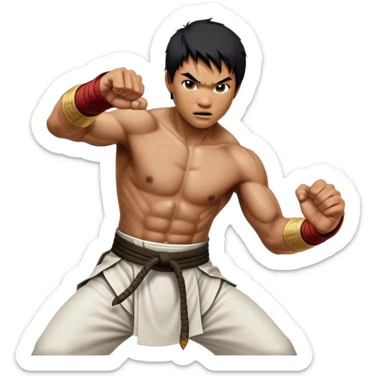 Tony Jaa – Cinematic Realistic Portrait of Tony Jaa, depicted as a dynamic martial arts warrior with intense eyes and a powerful stance in traditional Thai fighting attire, rendered in mid-motion with dramatic lighting and high-detail textures that capture his raw physicality and grace. sticker