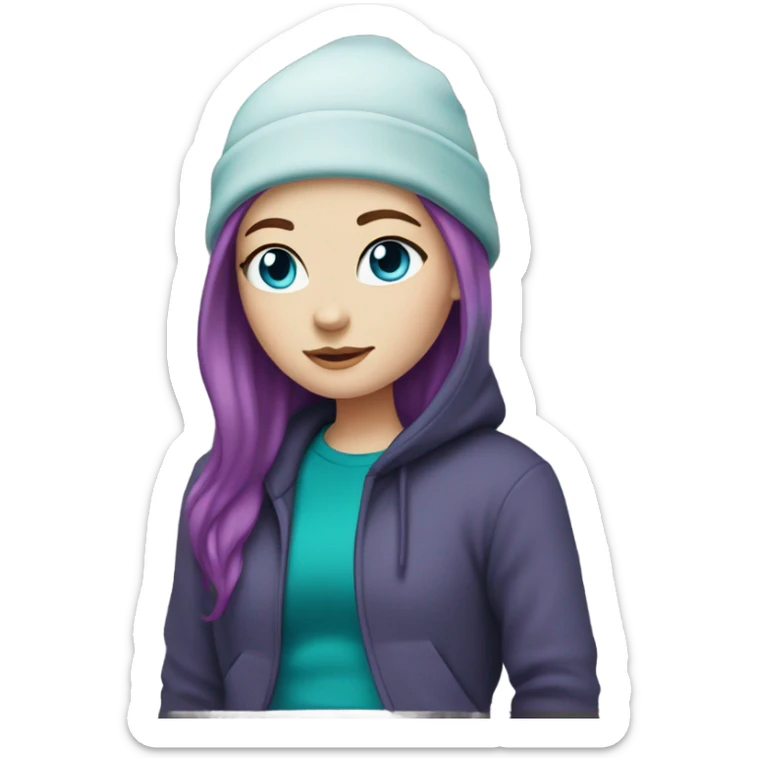 White girl, blue eyes, long teal hair, purple beanie hat, black hoodie sticker