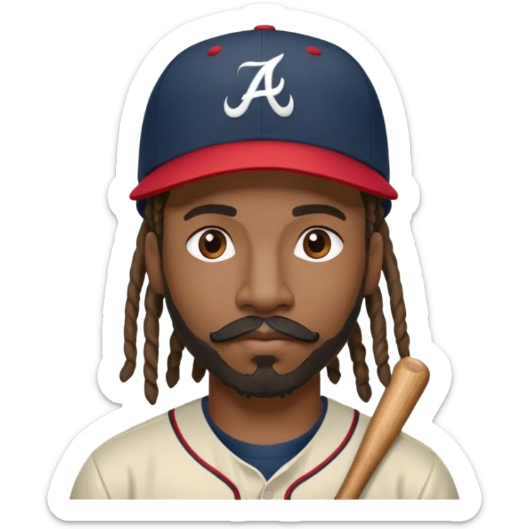black man with dread locs and an atlanta braves baseball cap with mustache and short beard sticker