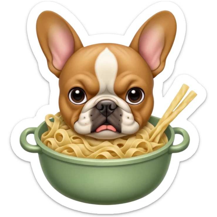 Fawn colored French bull dog looking very angry holding moldy noodles sticker